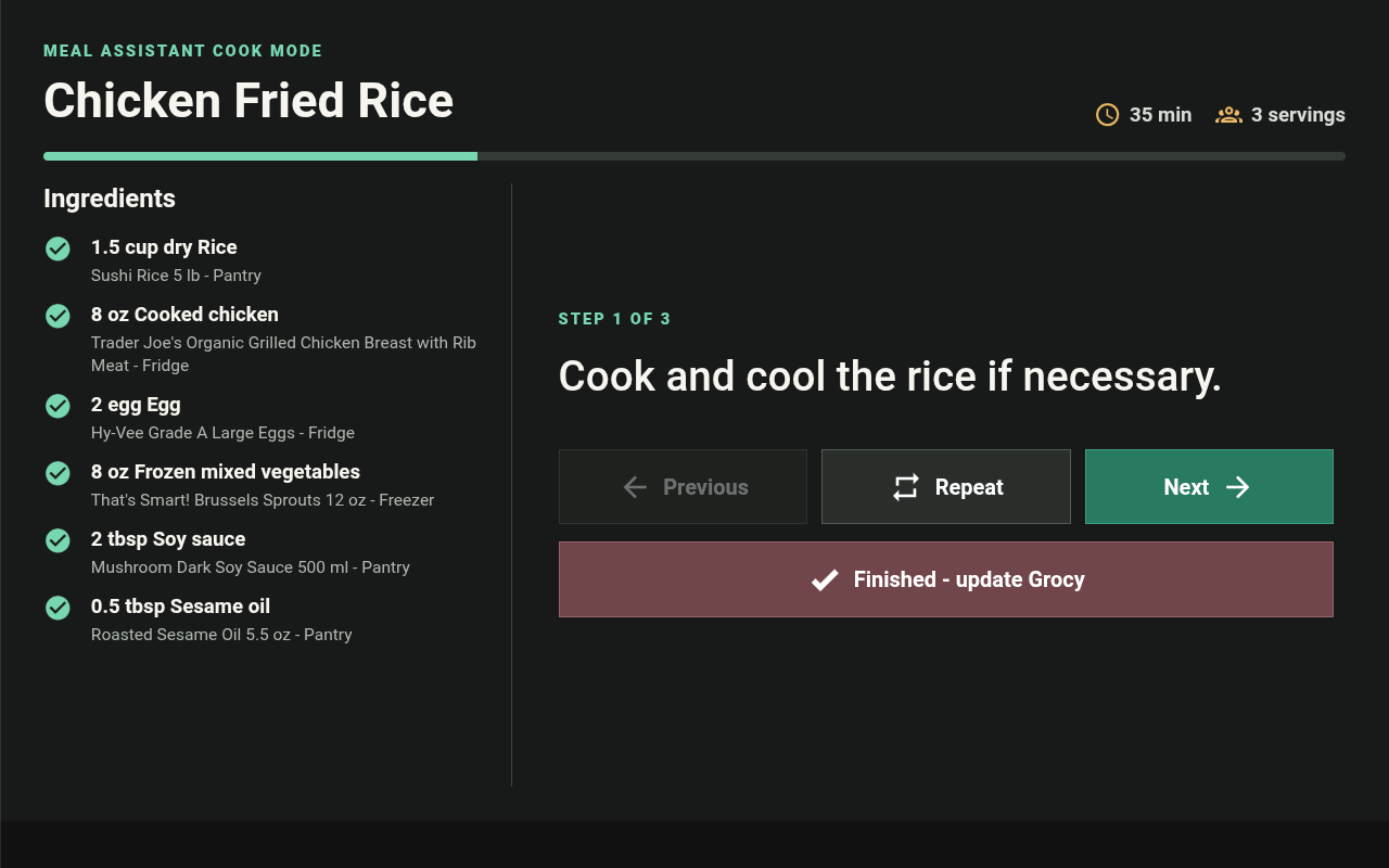 Meal Assistant cook mode running off current Grocy stock
