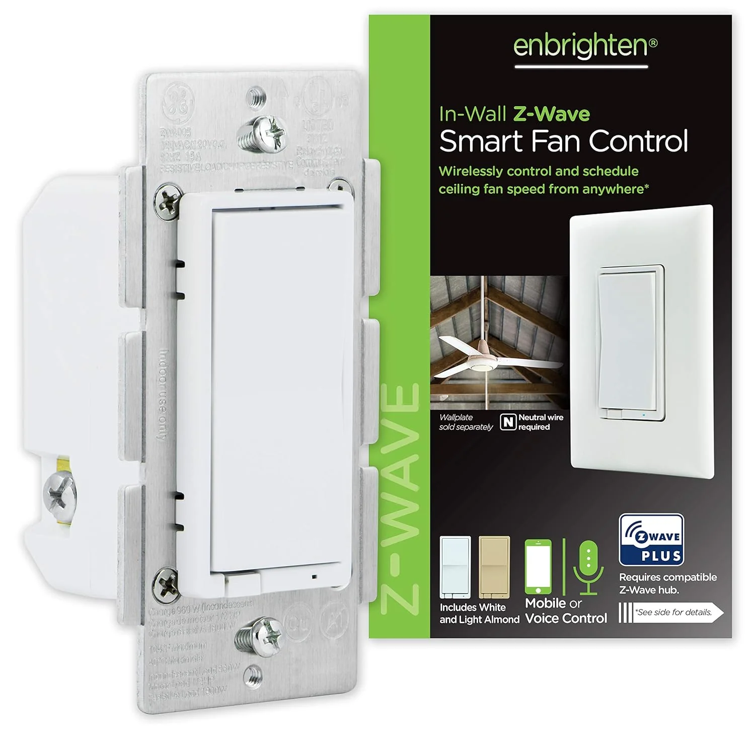 GE / Jasco Enbrighten Z-Wave In-Wall Fan Control 14287 - a dedicated 3-speed in-wall Z-Wave fan speed controller that turns any standard AC ceiling fan