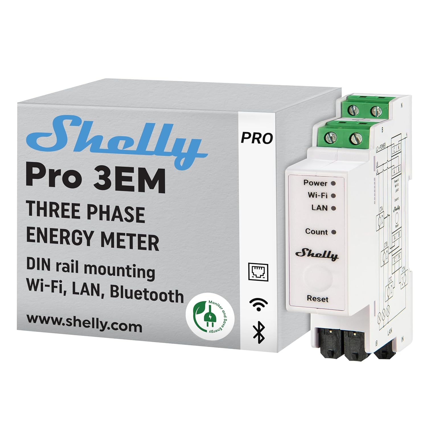 Shelly Pro 3EM DIN-rail 3-phase energy meter with local API for Home Assistant