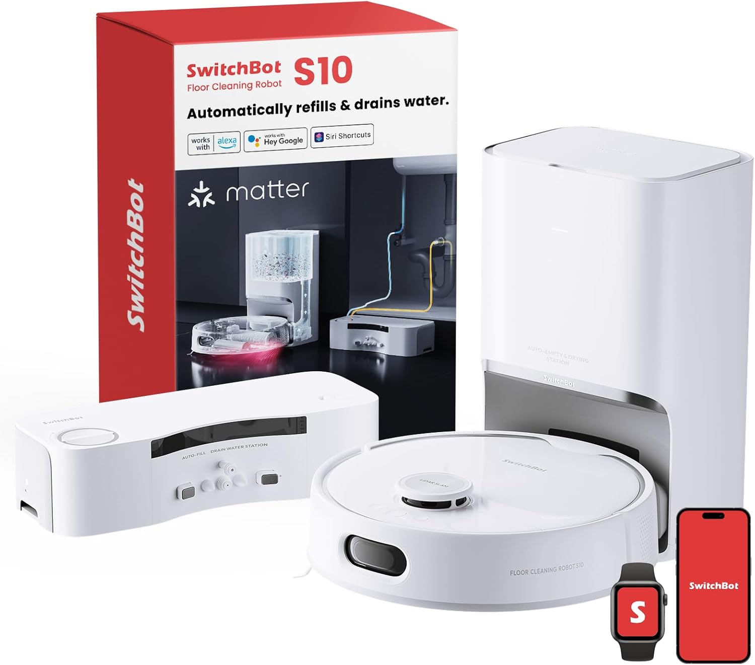SwitchBot S10 Floor Cleaning Robot — Automatic water refill and drain station connects to household plumbing